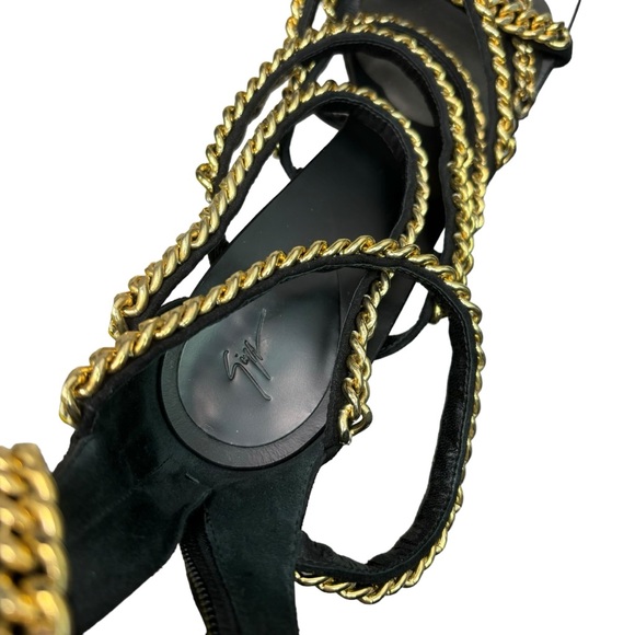 Guiseppe Zanotti Black Suede Gold Chain Gladiator Sandals Size 40 Open Toe Heels - Picture 11 of 13